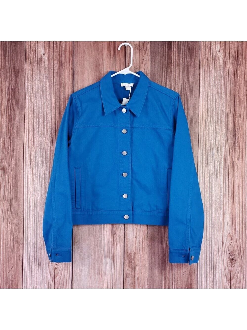 NWT COS Cropped Denim Jacket Womens Size EUR 42 Blue Silver Buttons Cotton